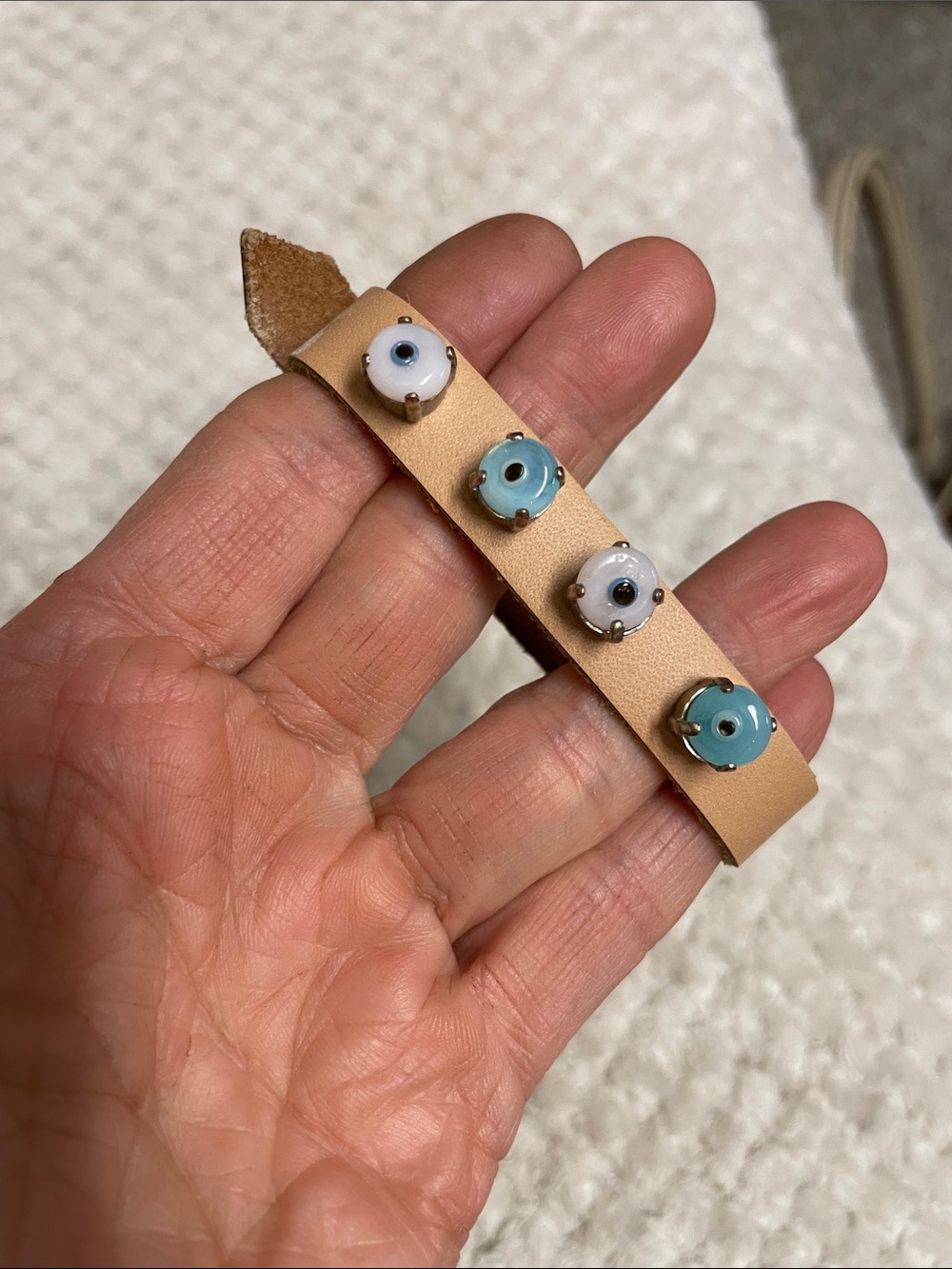 Leather Bracelet with Blue and White Bead Accents